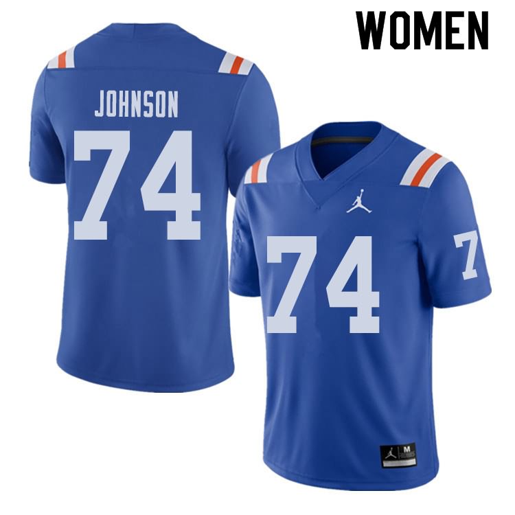 NCAA Florida Gators Fred Johnson Women's #74 Jordan Brand Alternate Royal Throwback Stitched Authentic College Football Jersey XJB2264PG